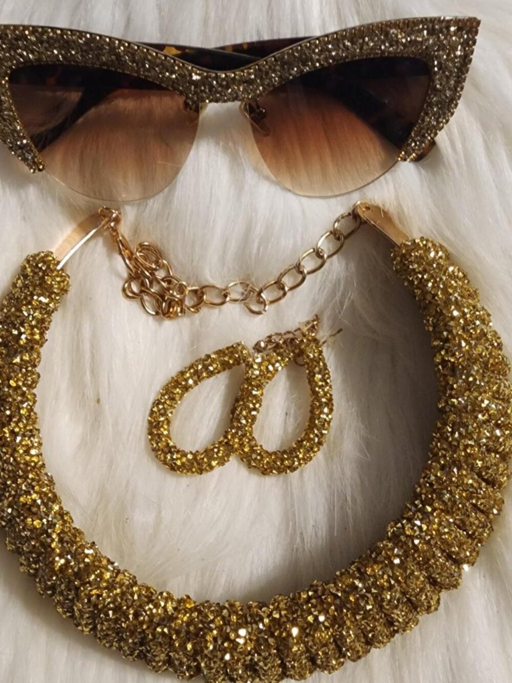 Bling Gold Necklace, earrings & Sunglass set.